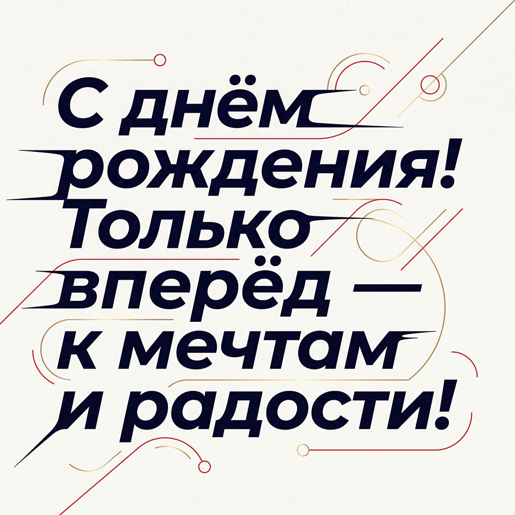Открытка с крупным шрифтом и текстом "С днем рождения! Только вперед - к мечтам и радости!"