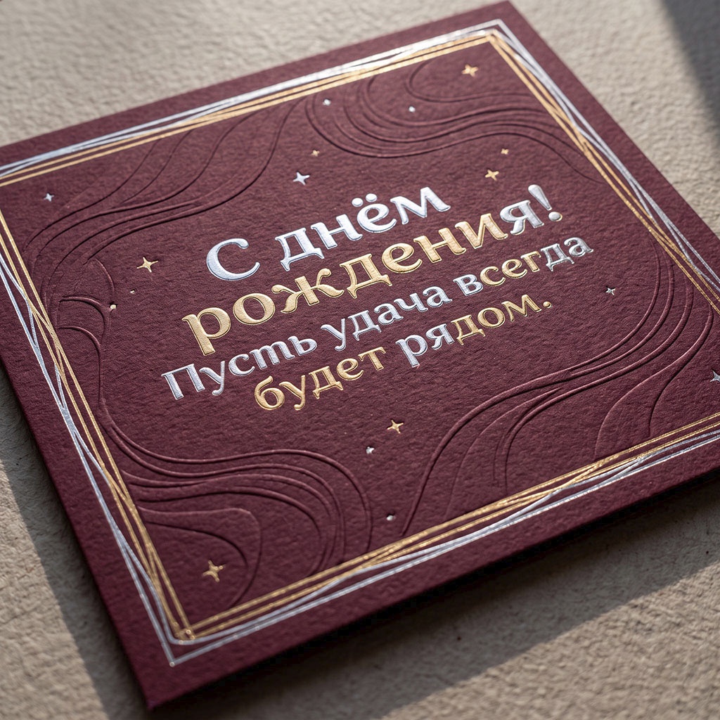 Открытка с тисненым текстом "С днем рождения! Пусть удача всегда будет рядом".