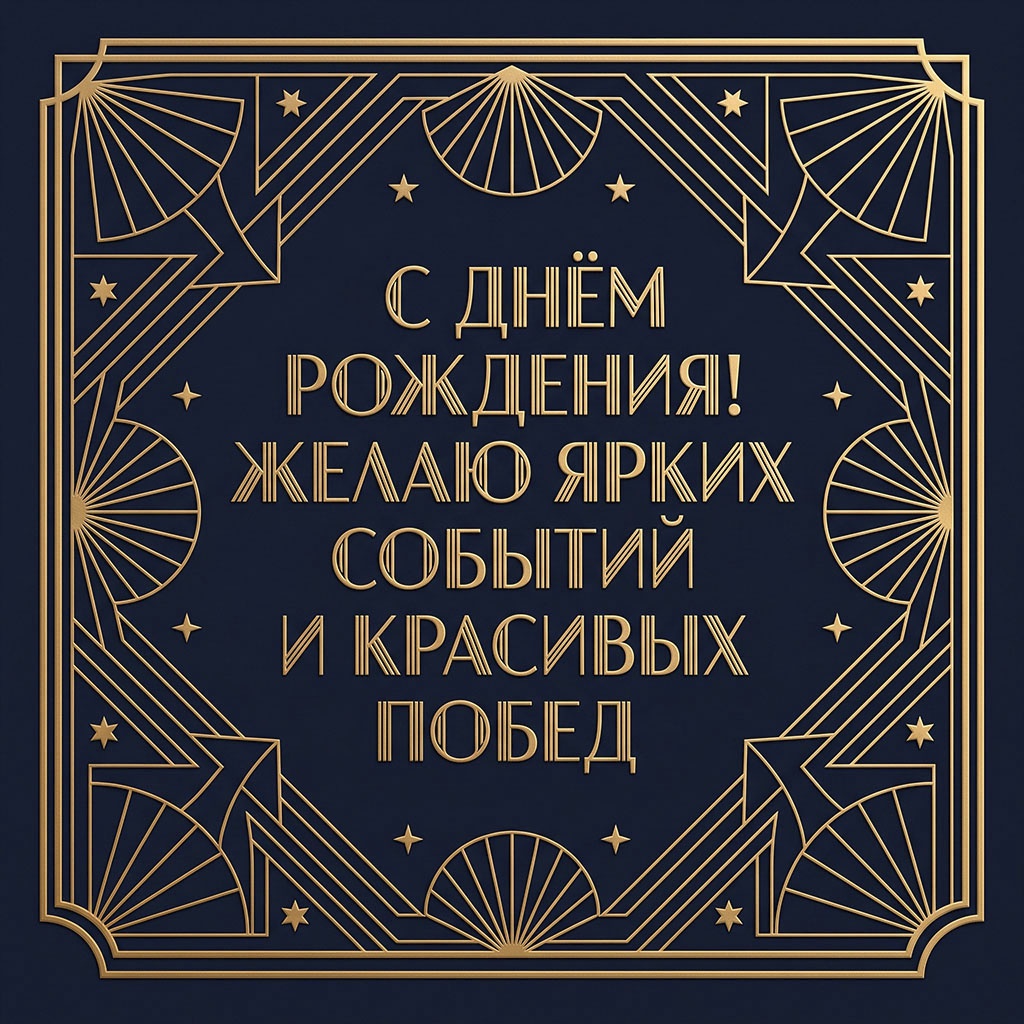 Открытка в стиле арт-деко с текстом "С днем рождения! Желаю ярких событий и красивых побед".