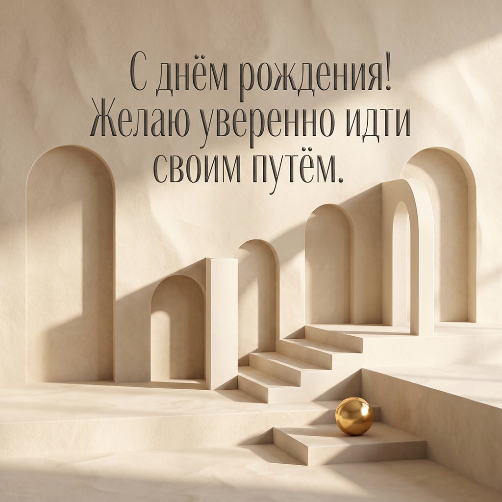Открытка с бежевыми арками и текстом "С днем рождения! Желаю уверенно идти своим путем".