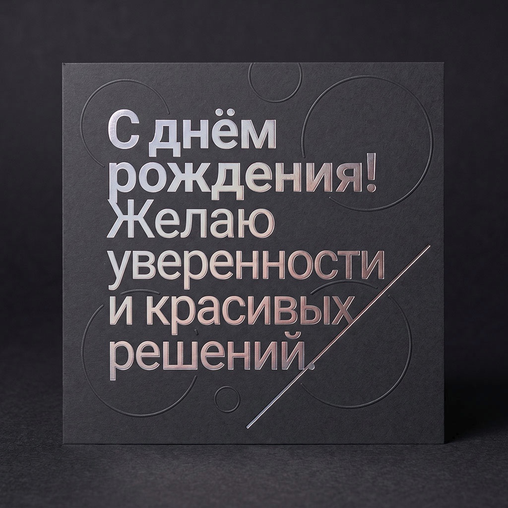 Открытка с тиснением и текстом "С днем рождения! Желаю уверенности и красивых решений".