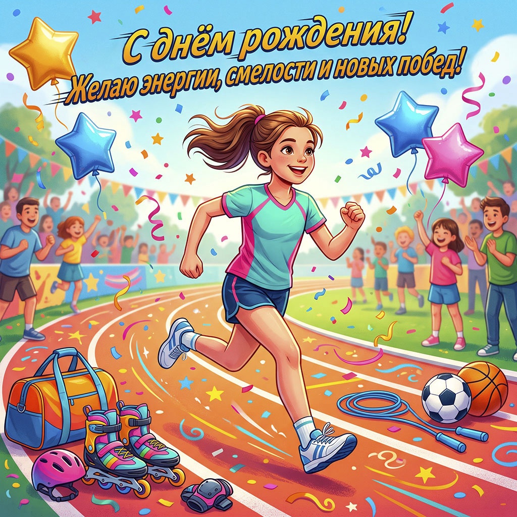 Открытка с днем рождения девочке - яркая иллюстрация: девочка бежит по беговой дорожке по стадиону на фоне болельщиков. Текст поздравления: "С днем рождения! Желаю энергии, смелости и новых побед".