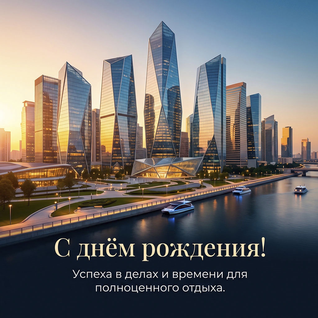 Открытка с небоскребами и текстом "С днем рождения! Успеха в делах и времени для полноценного отдыха".