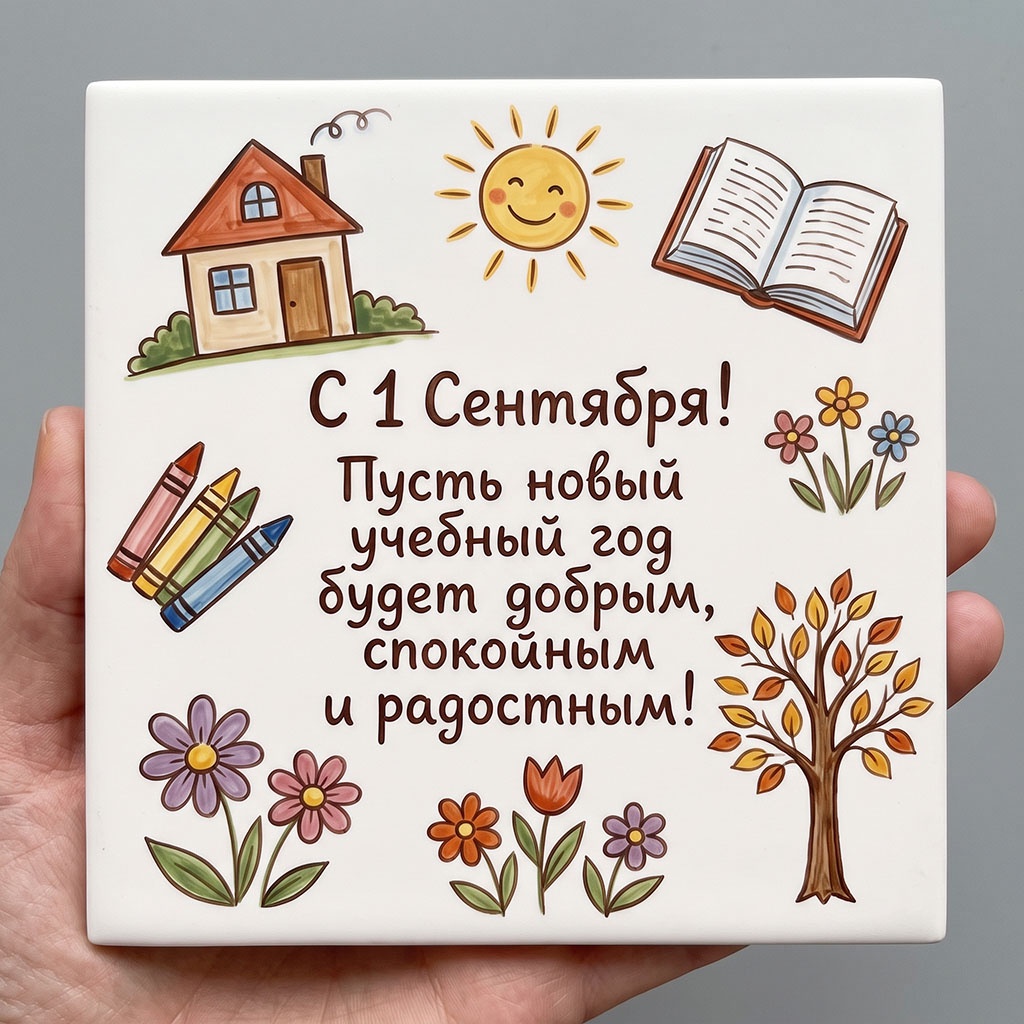 Открытка с солнцем, цветами, деревом с осенними листьями и текстом: "С 1 Сентября! Пусть новый учебный год будет добрым, спокойным и радостным".