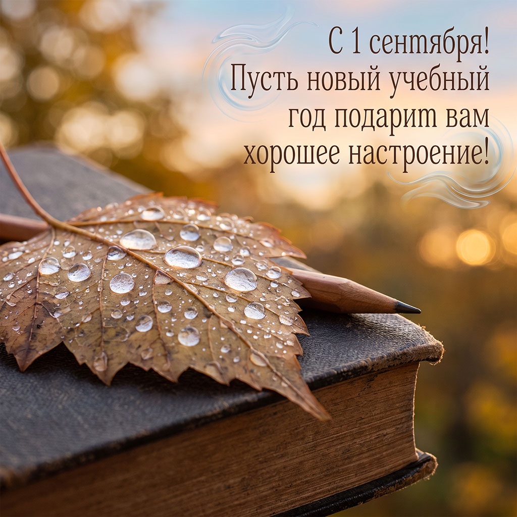 Открытка с книгой, листом, карандашом и поздравлением: "С 1 сентября! Пусть новый учебный год подарит вам хорошее настроение!"
