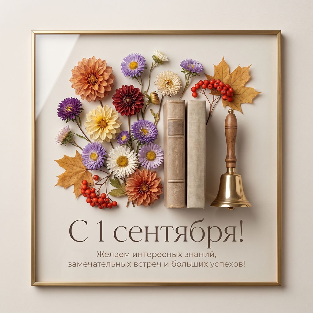 Открытка в рамке с осенним букетом, книгами и текстом: "С 1 сентября! Желаем интересных знаний, замечательных встреч и больших успехов!"