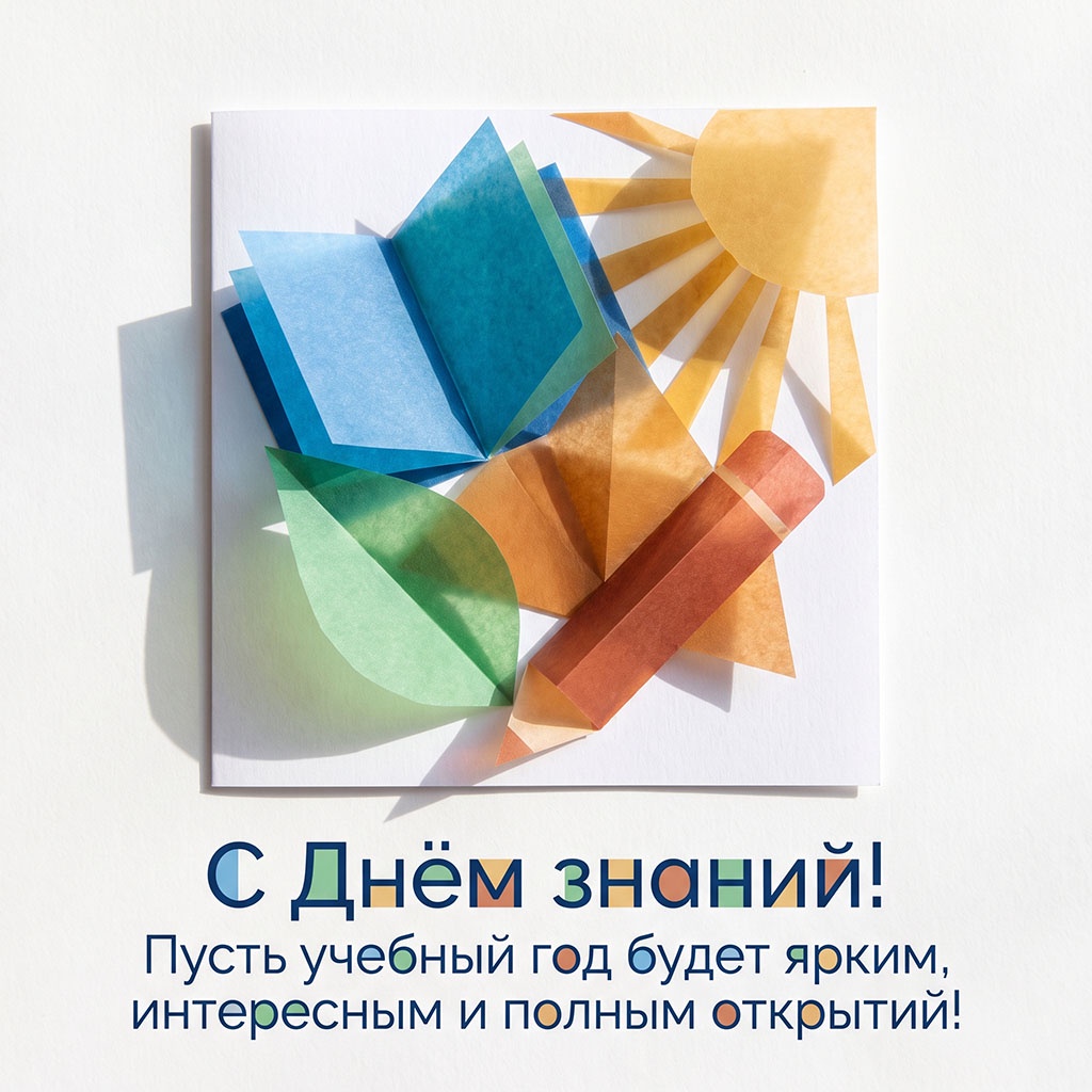Открытка с аппликацией из цветной бумаги и поздравлением: "С Днем знаний! Пусть учебный год будет ярким, интересным и полным открытий!"
