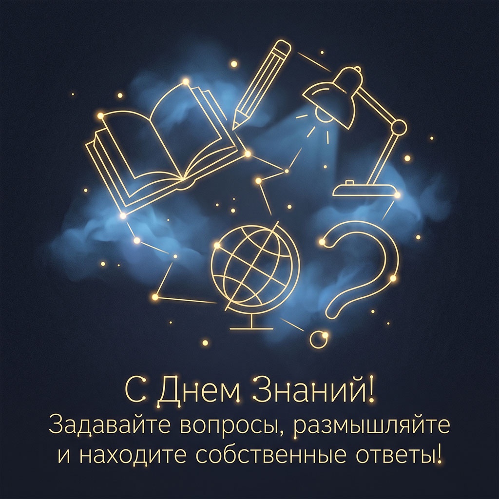 Звездная открытка со школьным набором в виде созвездий и текстом: "С Днем Знаний! Задавайте вопросы, размышляйте и находите собственные ответы!"