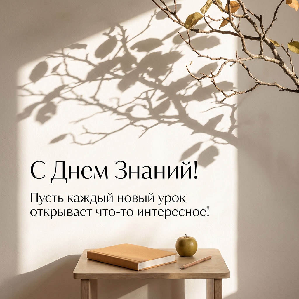 Минималистичная открытка со столиком, учебником, тенью ветки дерева и текстом: "С Днем Знаний!Пусть каждый новый урок открывает что-то интересное!"