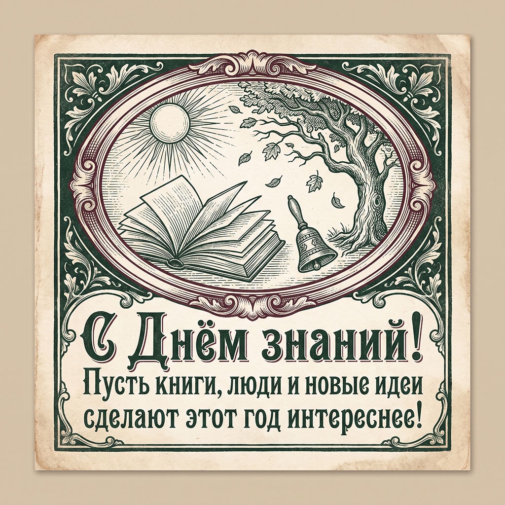 Открытка в винтажном стиле с книгой, деревом и текстом: "С Днем знаний! Пусть книги, люди и новые идеи сделают этот год интереснее". 