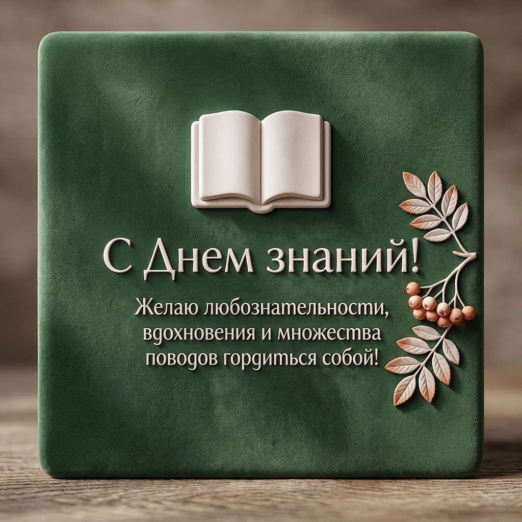 Объемная открытка на замшевом полотне с рельефной веточкой рябины и текстом: "С Днем знаний! Желаю любознательности, вдохновения и множества поводов гордиться собой!"