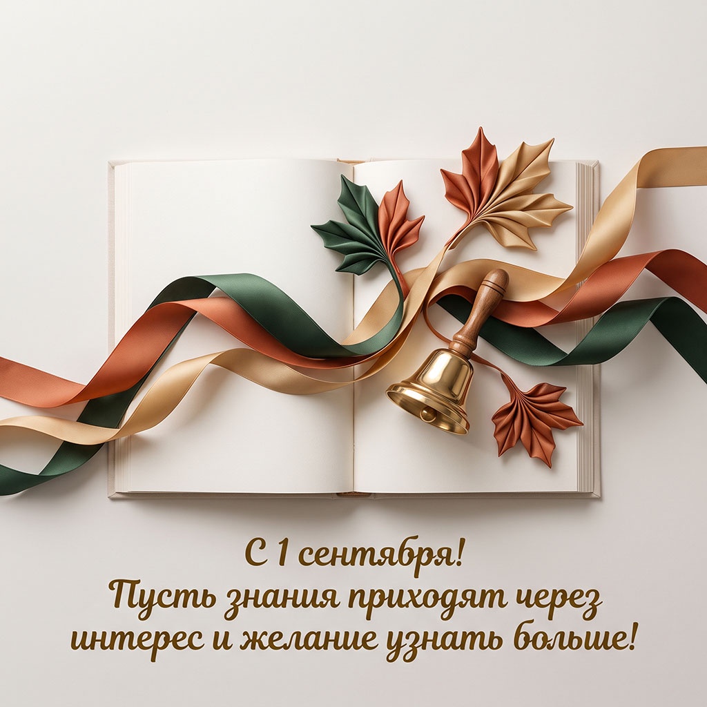 Красивая открытка с листьями из ткани, колокольчиком и текстом: "С 1 сентября! Пусть знания приходят через интерес и желание узнать больше!"