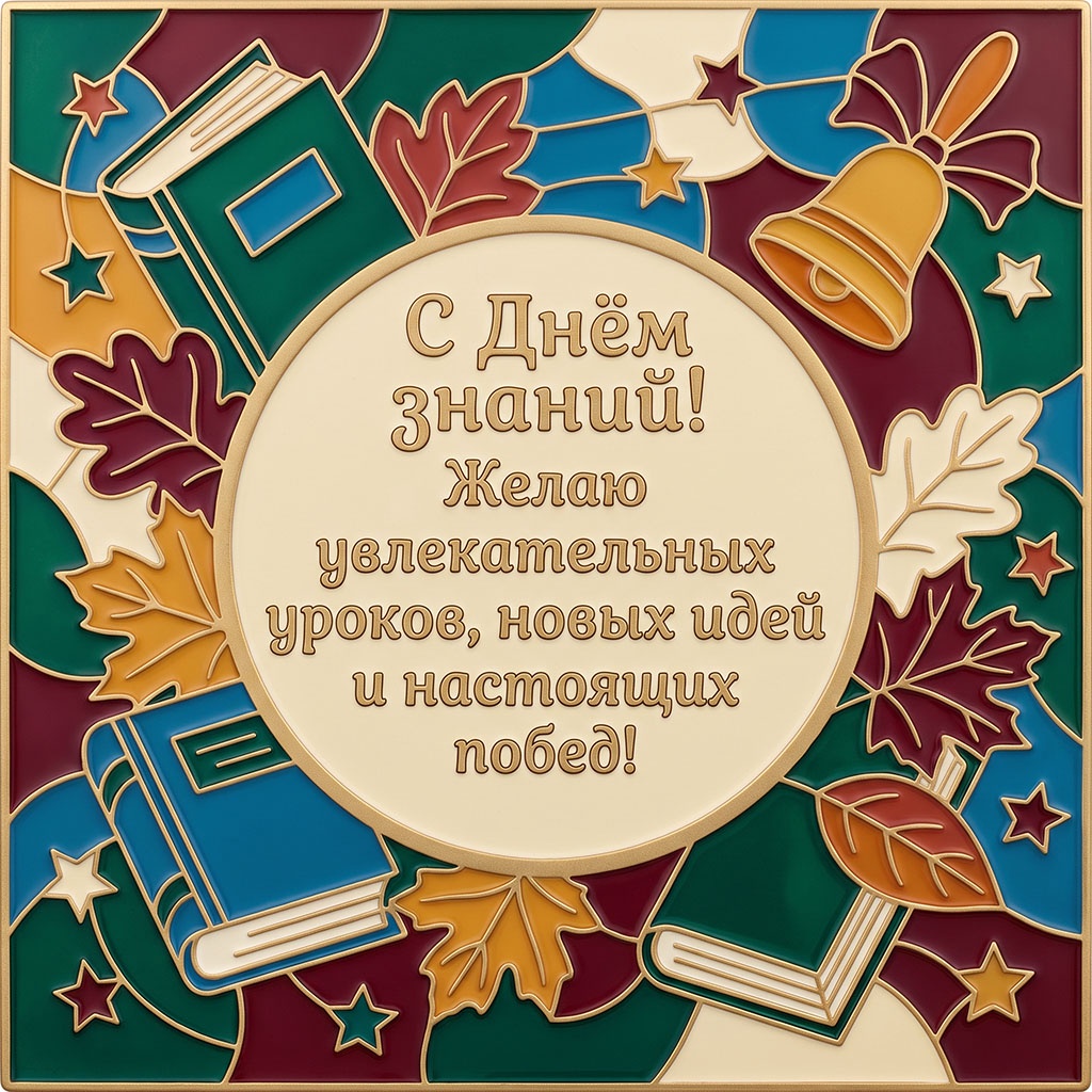 Открытка с контурным барельефом из учебников и осенних листьев с текстом: "С Днем знаний! Желаю увлекательных уроков, новых идей и настоящих побед!"