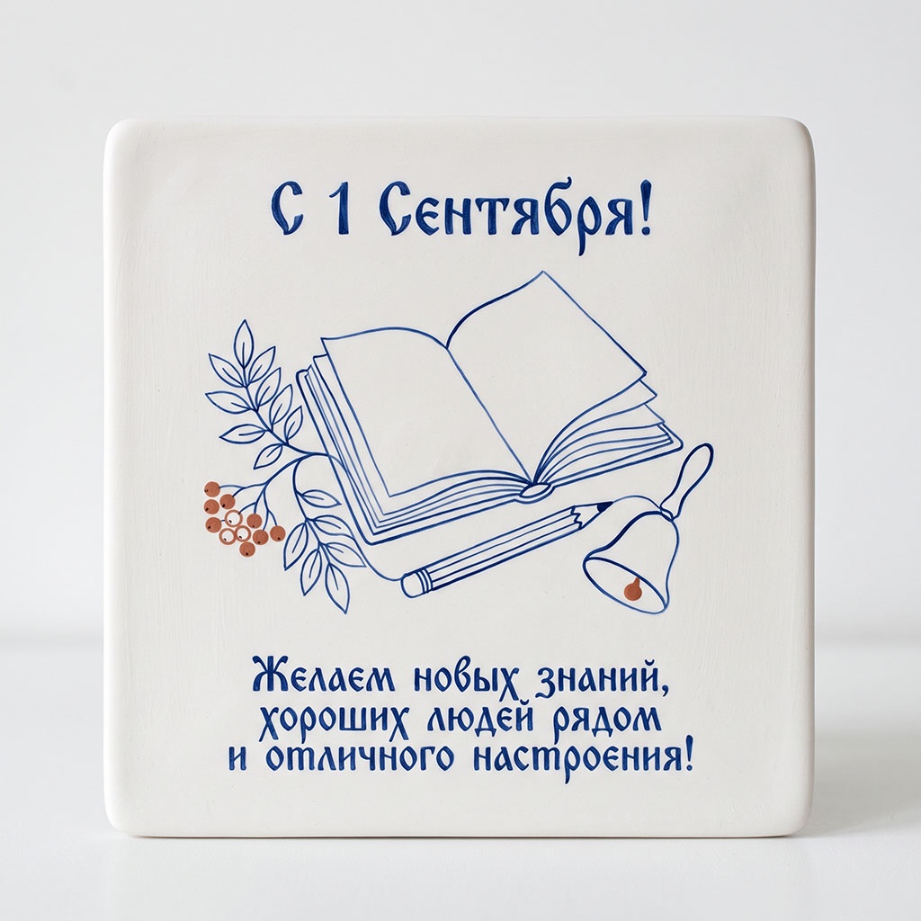 Светлая открытка на керамической плитке с контурным рисунком книги, ветки рябины, карандаша и текстом: "С 1 Сентября! Желаем новых знаний, хороших людей рядом и отличного настроения!".