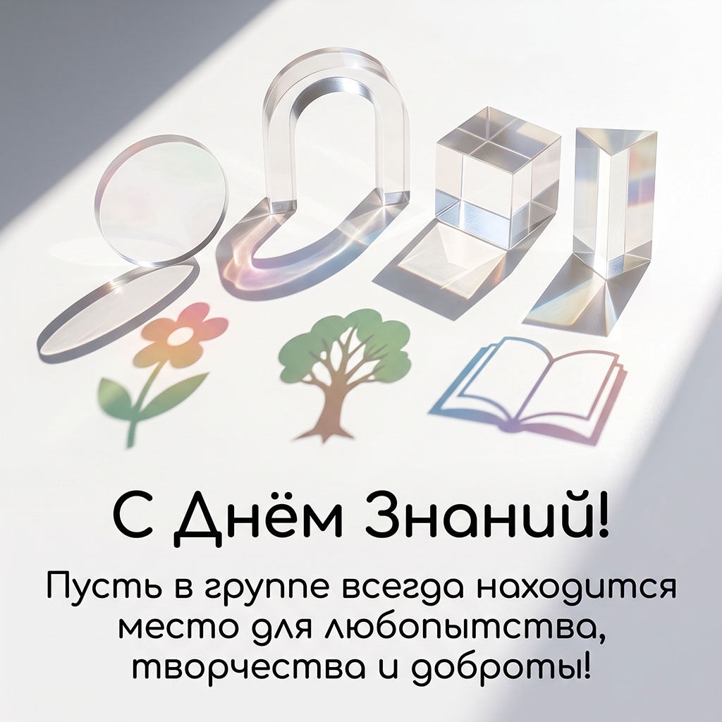 Открытка с объемными прозрачными фигурами и текстом: "С Днем Знаний! Пусть в группе всегда находится место для любопытства, творчества и доброты!"