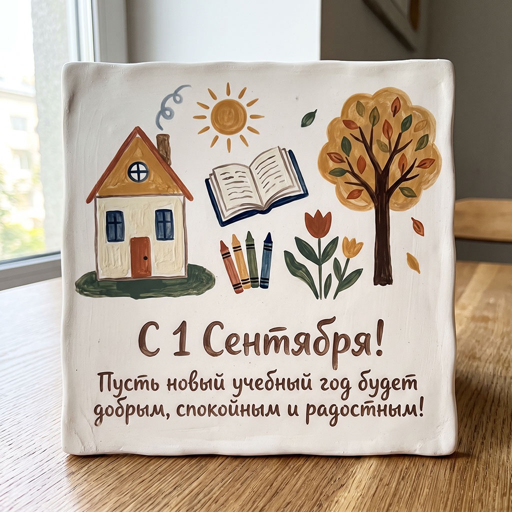 Объемная белая открытка из гипса, с домиком, тюльпанами, солнцем, книгой, деревом и текстом: "С 1 Сентября! Пусть новый учебный год будет добрым, спокойным и радостным!"