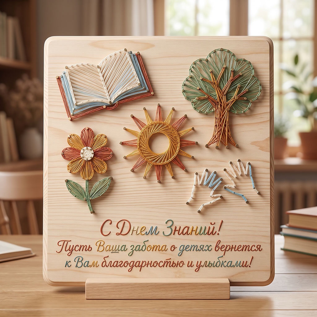 Деревянная открытка с книгой, цветком и солнцем из цветных ниток с текстом: "С Днем Знаний! Пусть Ваша забота о детях вернется к Вам благодарностью и улыбками!"