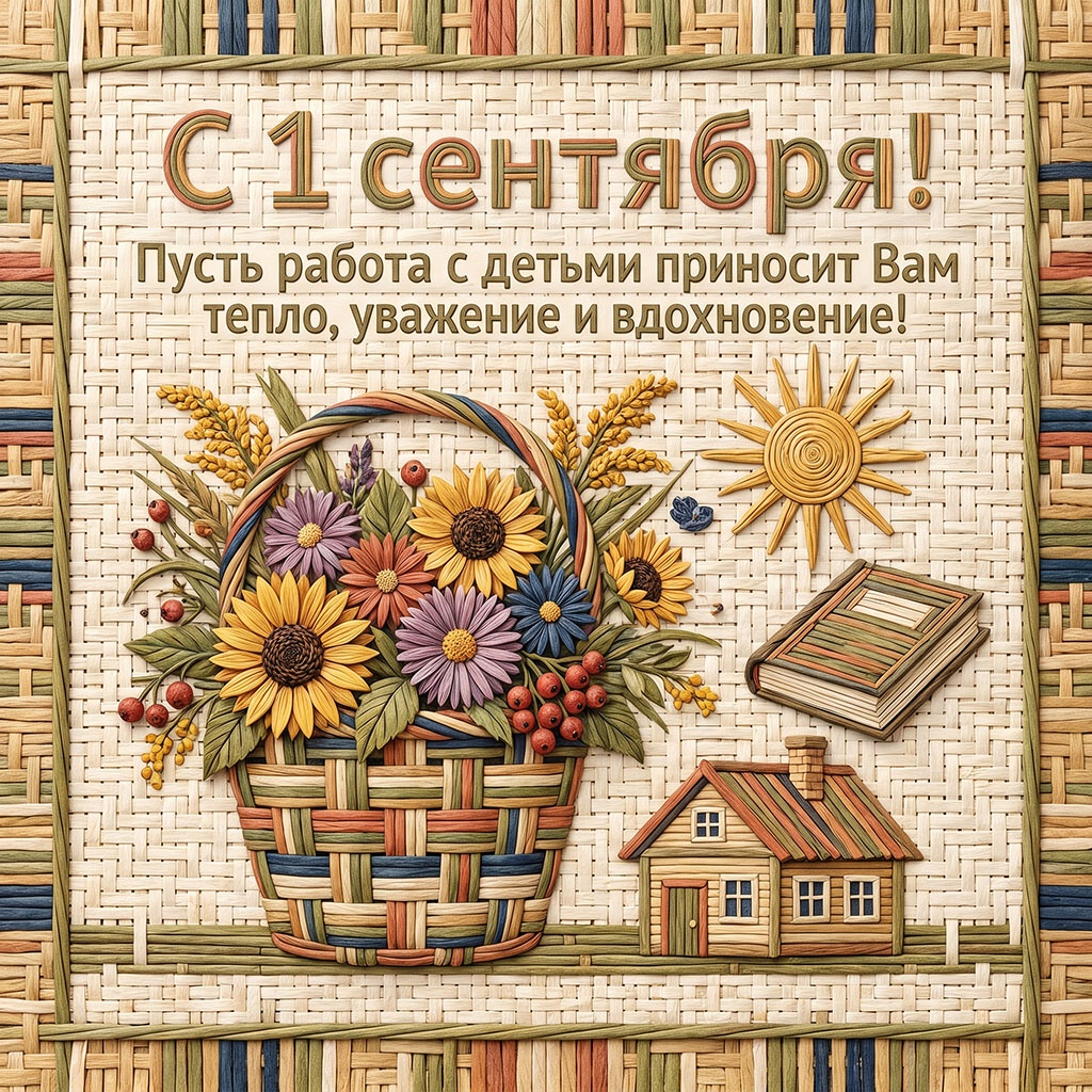 Плетенная из соломы открытка с цветами и текстом: "С 1 сентября! Пусть работа с детьми приносит Вам тепло, уважение и вдохновение!"