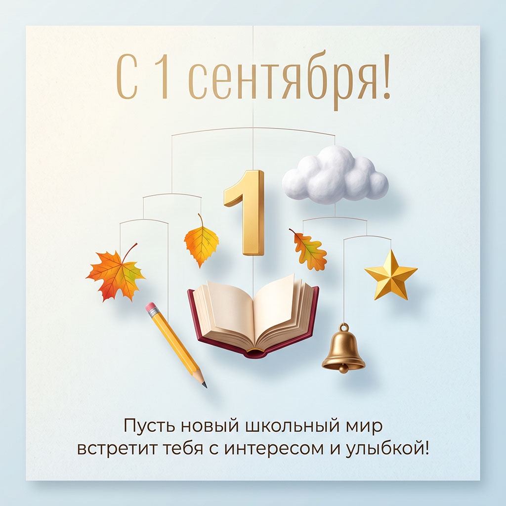 Минималистичная открытка с золотой единицей, колокольчиком и текстом: "С 1 сентября! Пусть новый школьный мир встретит тебя с интересом и улыбкой!"