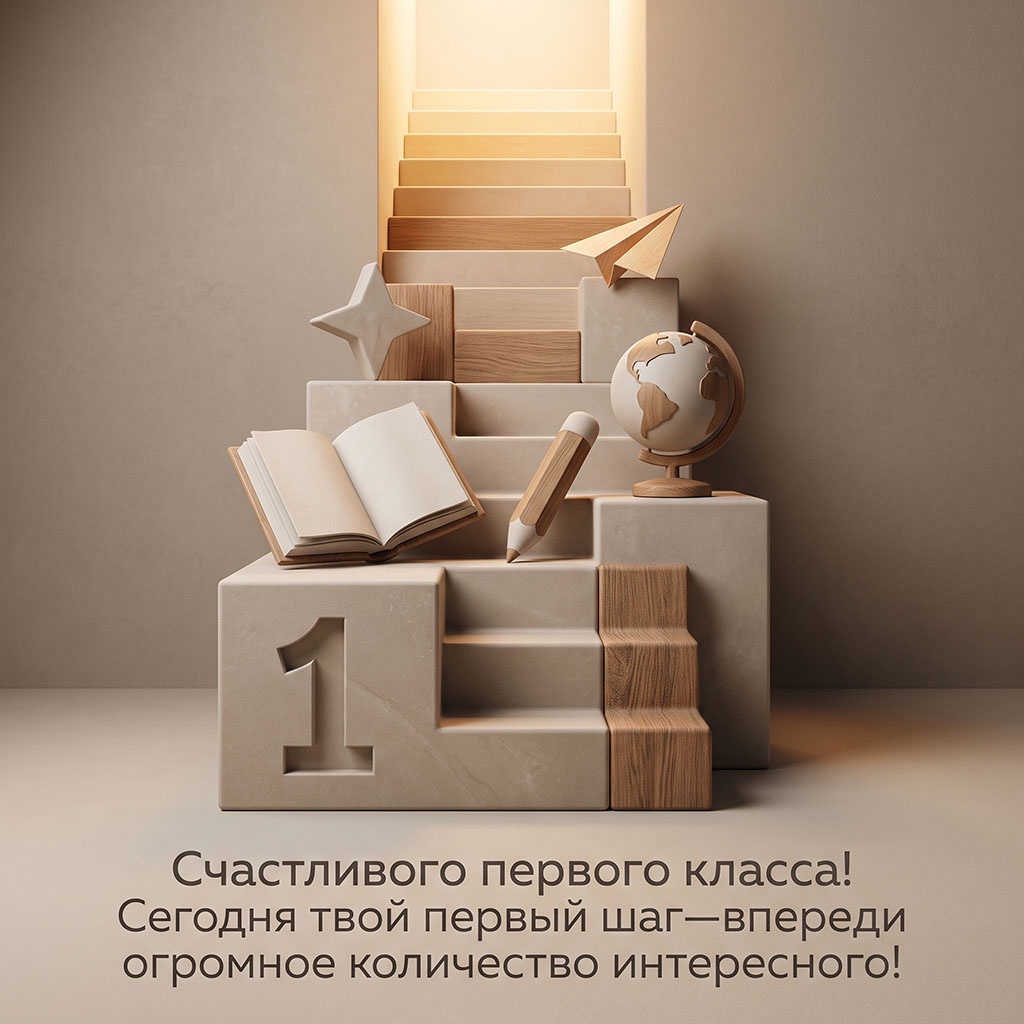 Открытка в бежевых тонах с лестницей, глобусом и текстом: "Счастливого первого класса! Сегодня твой первый шаг - впереди огромное количество интересного!"