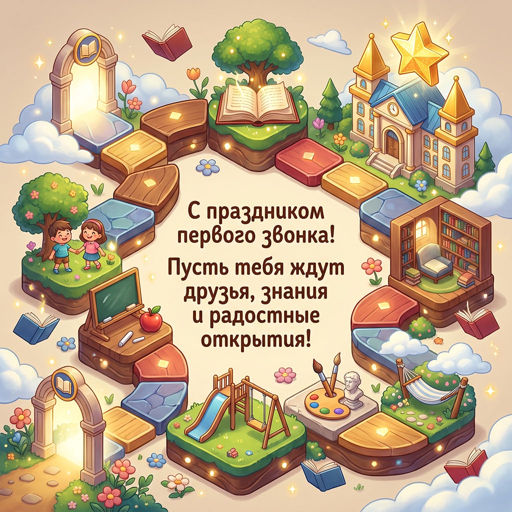 Сказочная открытка с учениками и текстом: "С праздником первого звонка! Пусть тебя ждут друзья, знания и радостные открытия!"
