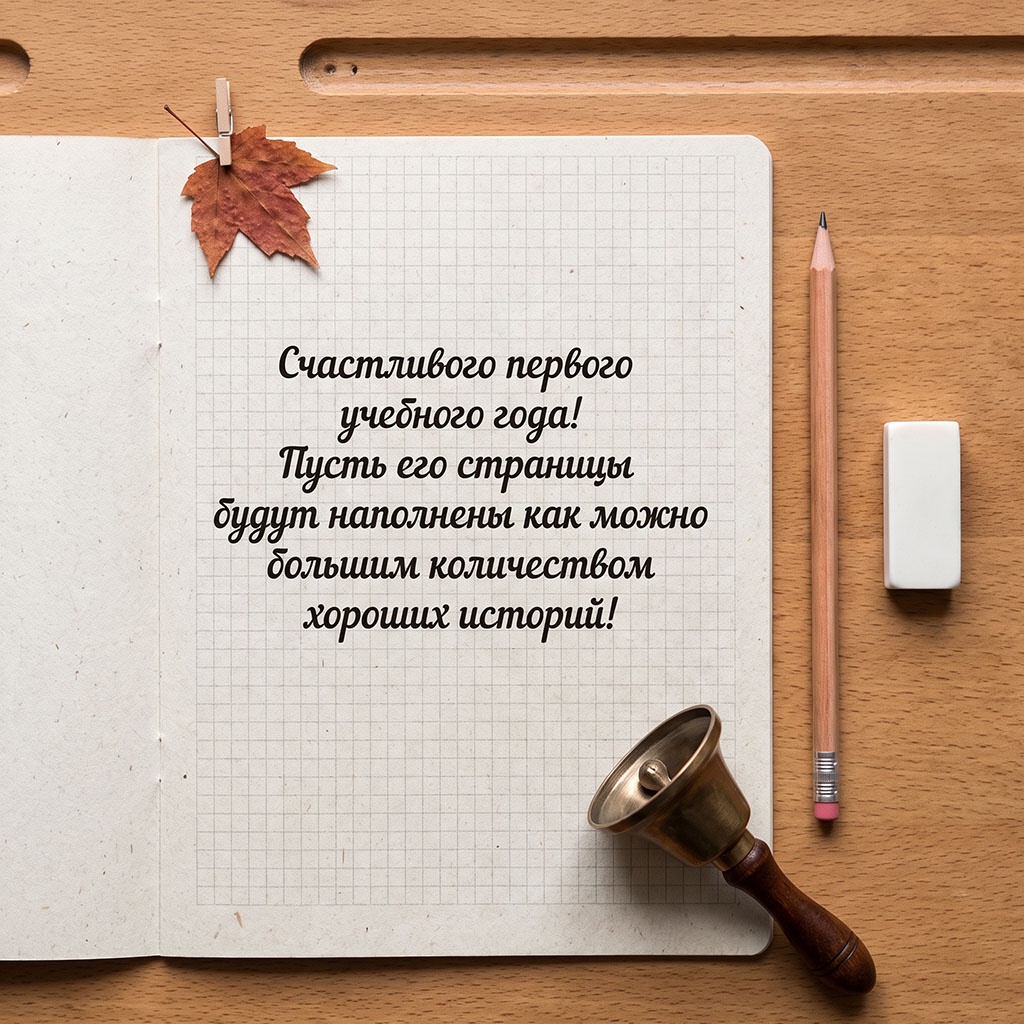Открытка с тетрадью на школьной парте и текстом: "Счастливого первого учебного года! Пусть его страницы будут наполнены как можно большим количеством хороших историй!"