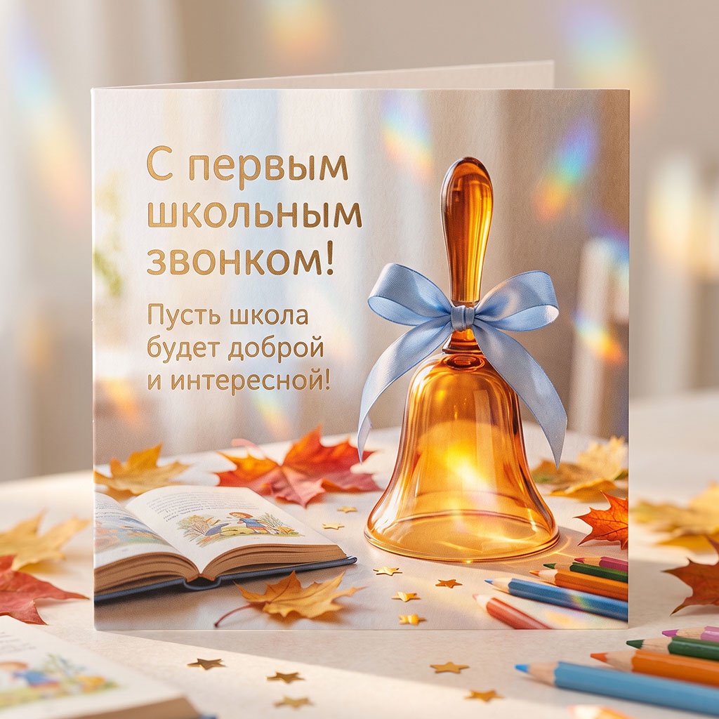 Стеклянный колокольчик и детская книга на открытке с текстом: "С первым школьным звонком! Пусть школа будет доброй и интересной!" для первоклассника