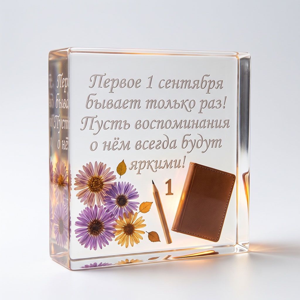 Стеклянная открытка с карандашом, блокнотом и текстом: "Первое 1 сентября бывает только раз! Пусть воспоминания о нем всегда будут яркими!"