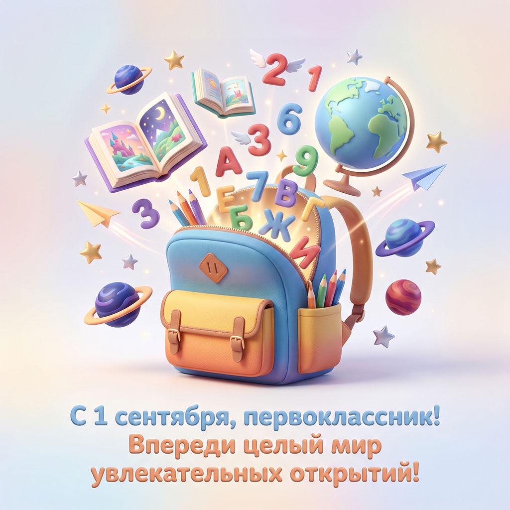 Открытка с рюкзаком, книгой сказок и текстом: "С 1 сентября, первоклассник! Впереди целый мир увлекательных открытий!"