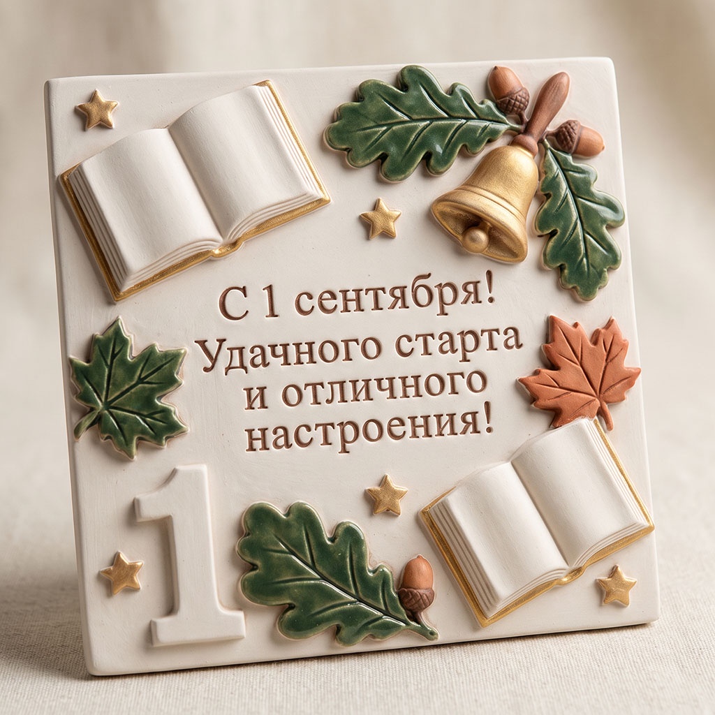 Керамическая открытка с объемными книгами, листьями и текстом: "С 1 сентября! Удачного старта и отличного настроения!" для первоклассника