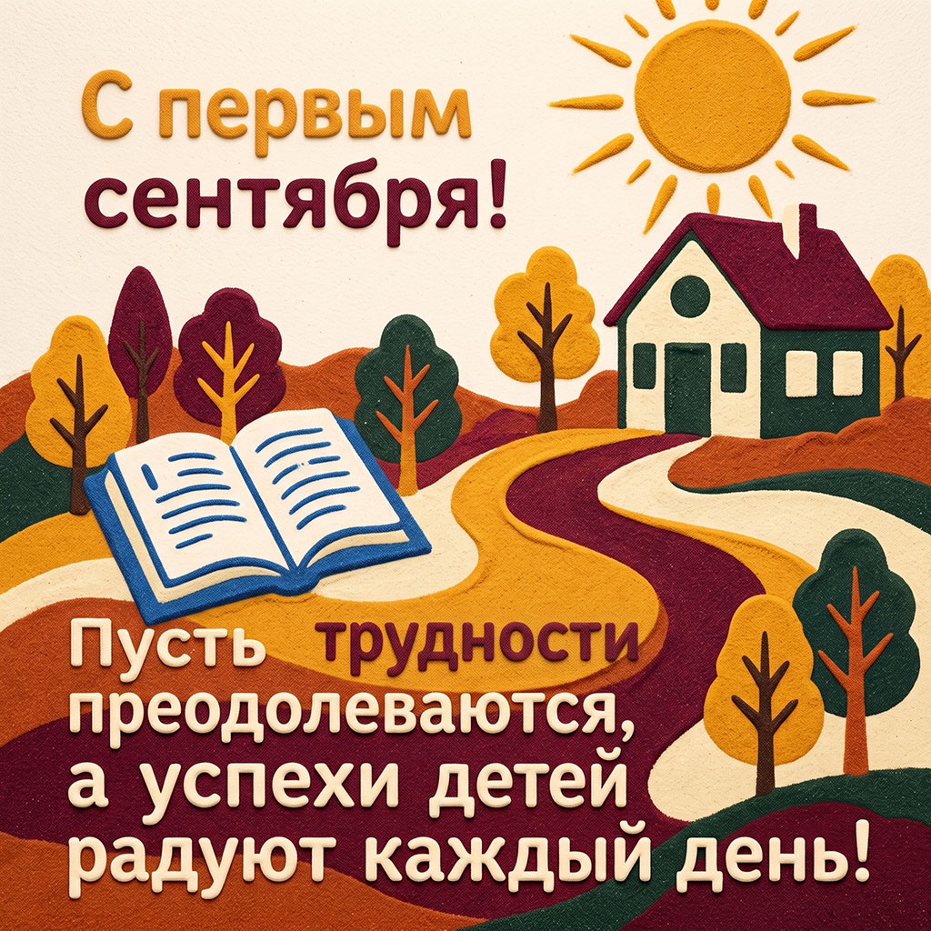 Открытка с лесным пейзажем, дорогой к загородному домику и текстом: "С первым сентября! Пусть трудности преодолеваются, а успехи детей радуют каждый день!"