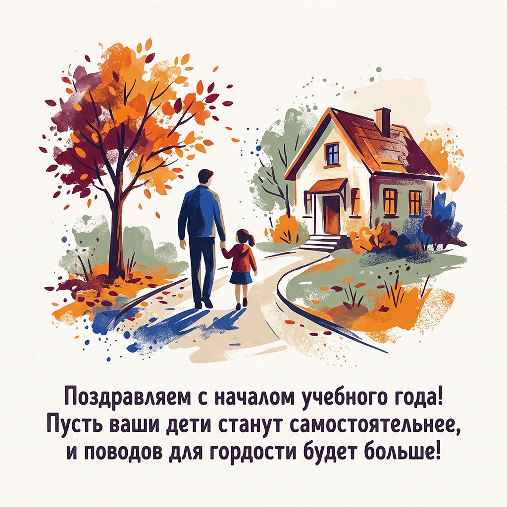 Художественная открытка с отцом, дочерью и текстом: "Поздравляем с началом учебного года! Пусть ваши дети станут самостоятельнее, и поводов для гордости будет больше!"