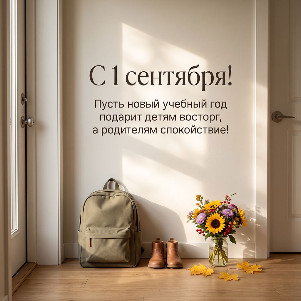 Открытка с рюкзаком у двери и текстом: "С 1 сентября! Пусть новый учебный год подарит детям восторг, а родителям спокойствие!"
