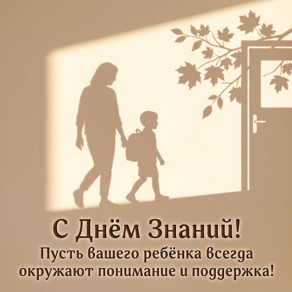 Открытка с силуэтами мамы и сына, теплым светом и текстом: "С Днем Знаний! Пусть вашего ребенка всегда окружают понимание и поддержка!"