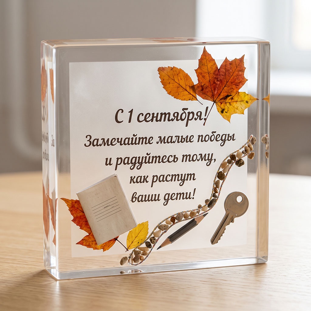 Открытка из прозрачного акрила с ключом, каменной дорожкой и текстом: "С 1 сентября! Замечайте малые победы и радуйтесь тому, как растут ваши дети!"