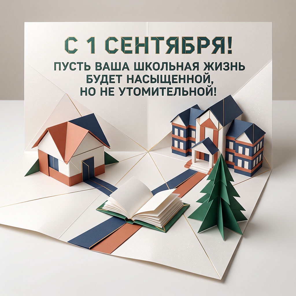 Открытка в стиле поп-ап со школой, домом и текстом: "С 1 сентября! Пусть ваша школьная жизнь будет насыщенной, но не утомительной!"