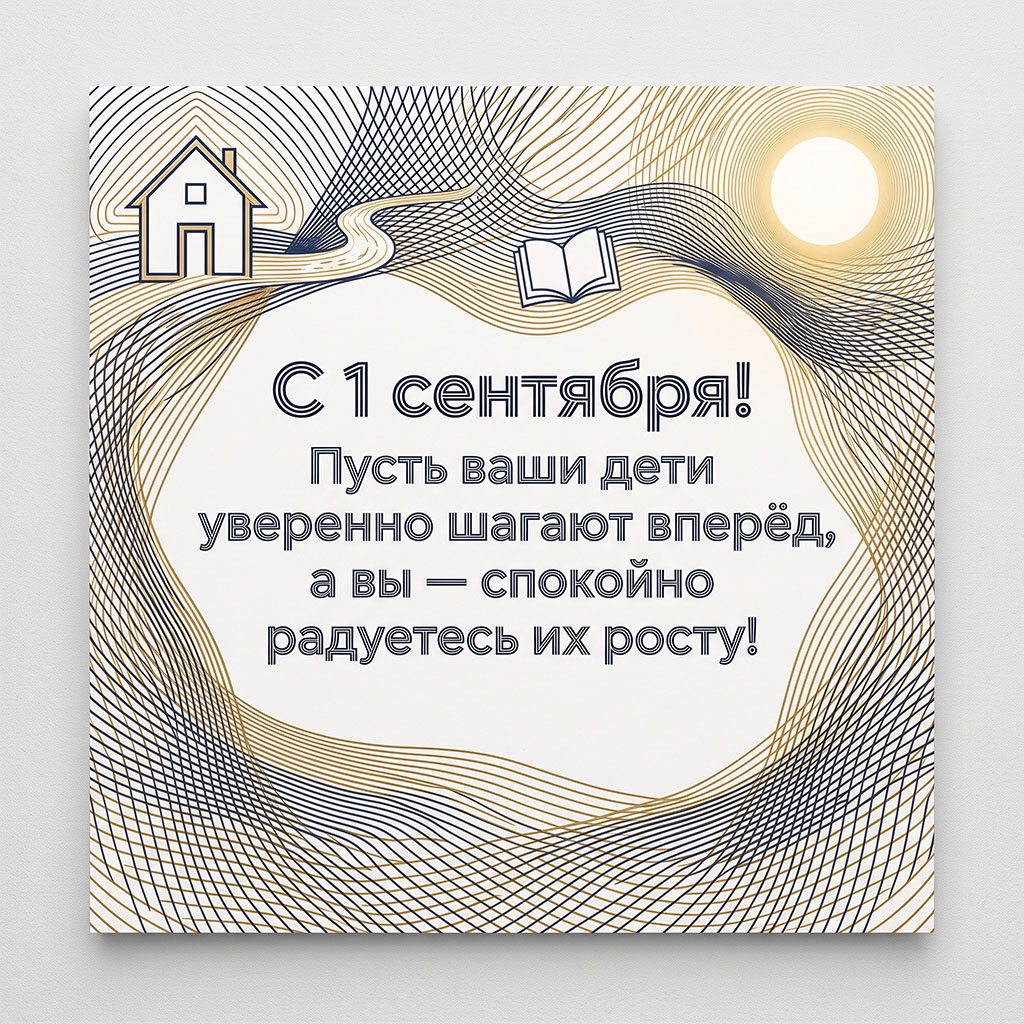 Открытка с множеством переплетенных линий и текстом: "С 1 сентября! Пусть ваши дети уверенно шагают вперед, а вы - спокойно радуетесь их росту!"