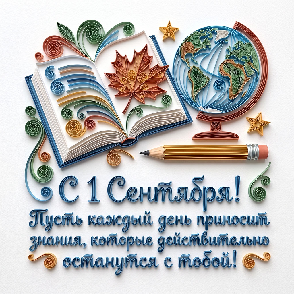 Открытка в стиле квиллинга, с раскрытой книгой, глобусом и текстом: "С 1 Сентября! Пусть каждый день приносит знания, которые действительно останутся с тобой!"