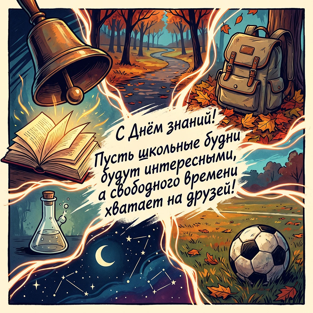 Открытка в стиле комикса, с рюкзаком, футбольным мячом и текстом: "С Днем знаний! Пусть школьные будни будут интересными, а свободного времени хватает на друзей!"