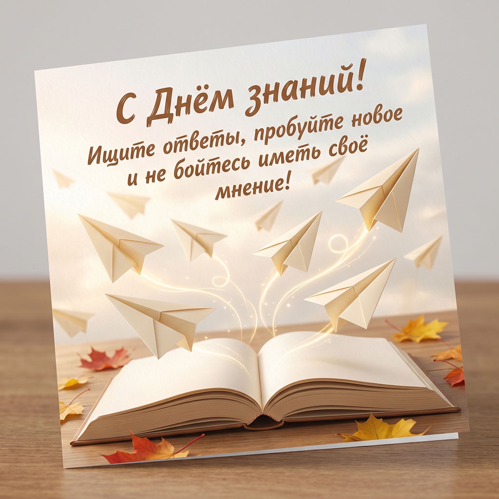 Открытка с книгой, бумажными самолетиками и текстом: "С Днем знаний! Узнавайте новое, пробуйте и не бойтесь иметь свое мнение!" для школьника