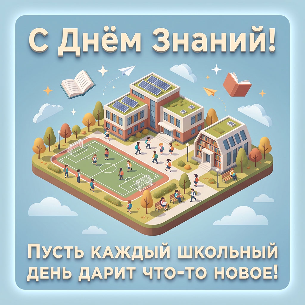 Открытка с футуристической школой на летающем острове и текстом: "С Днем Знаний! Пусть каждый школьный день дарит что-то новое!"