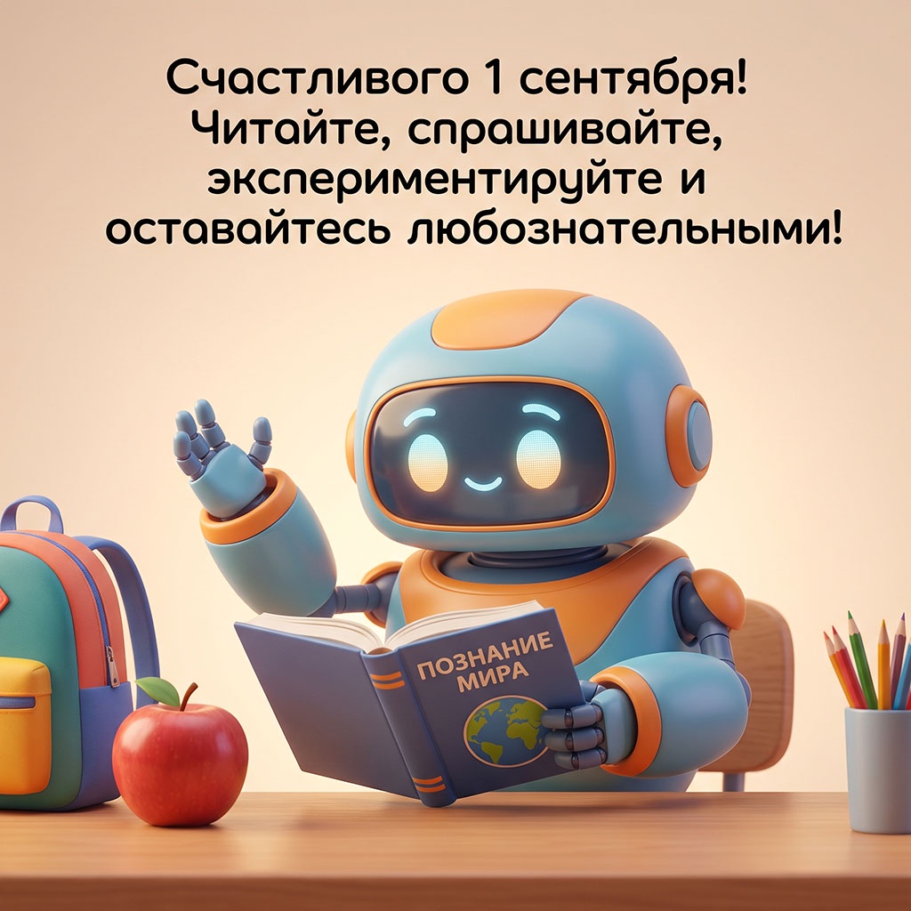 Открытка с роботом, энциклопедией и текстом: "Счастливого 1 сентября! Читайте, спрашивайте, экспериментируйте и оставайтесь любознательными!" для школьника