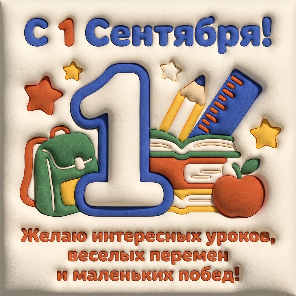 Открытка со школьными принадлежностями и текстом: "С 1 Сентября! Желаю интересных уроков, веселых перемен и маленьких побед!"