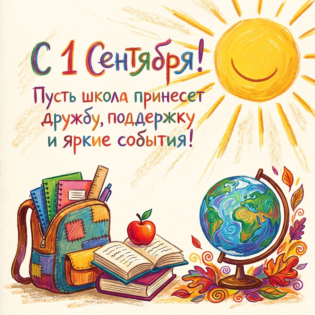 Открытка с рисунком восковыми мелками глобуса, рюкзака и текстом: "С 1 Сентября! Пусть школа принесет радость, поддержку и яркие события!"