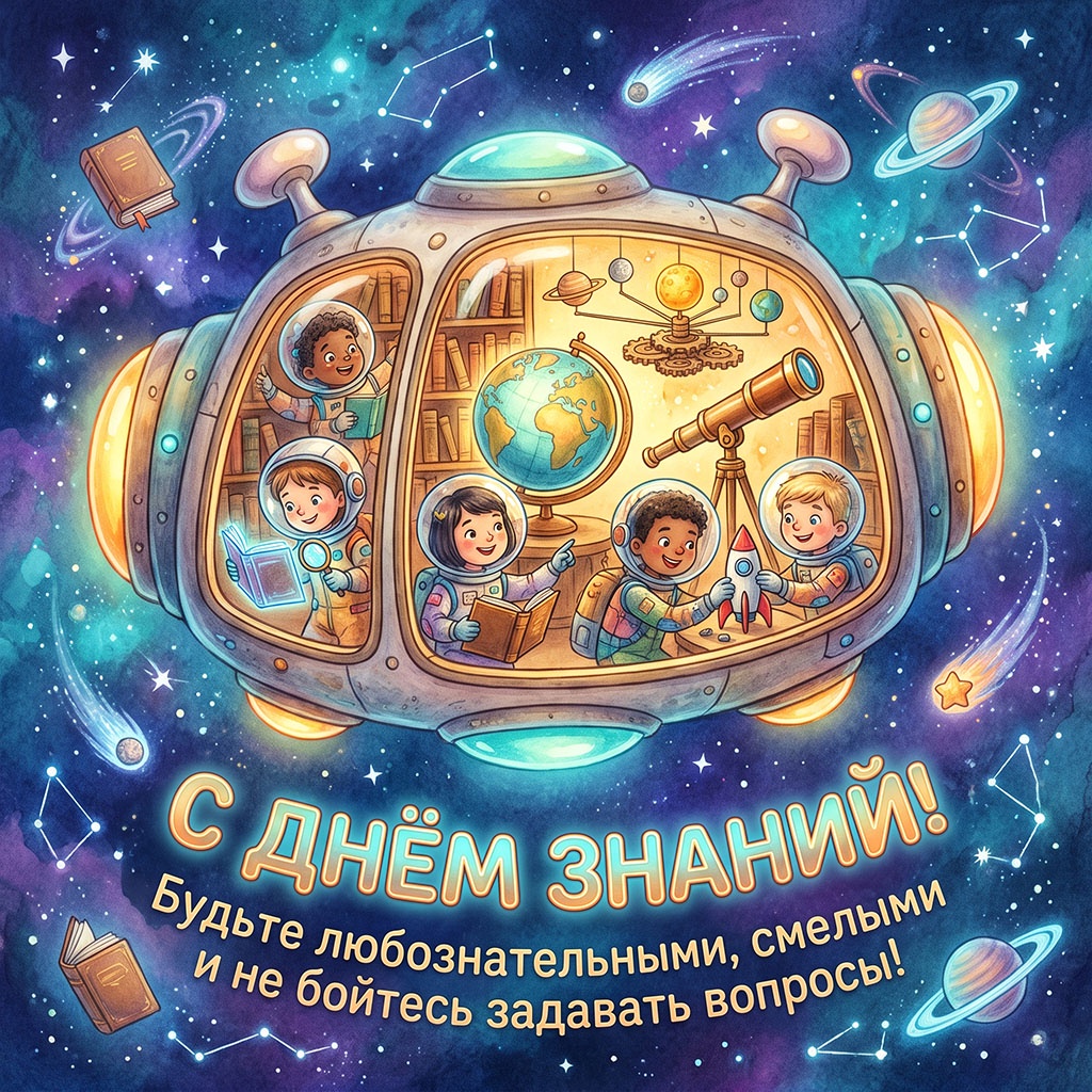 Открытка с библиотекой внутри космического корабля, детьми и текстом: "С Днем знаний! Будьте любознательными, смелыми и не бойтесь задавать вопросы!"