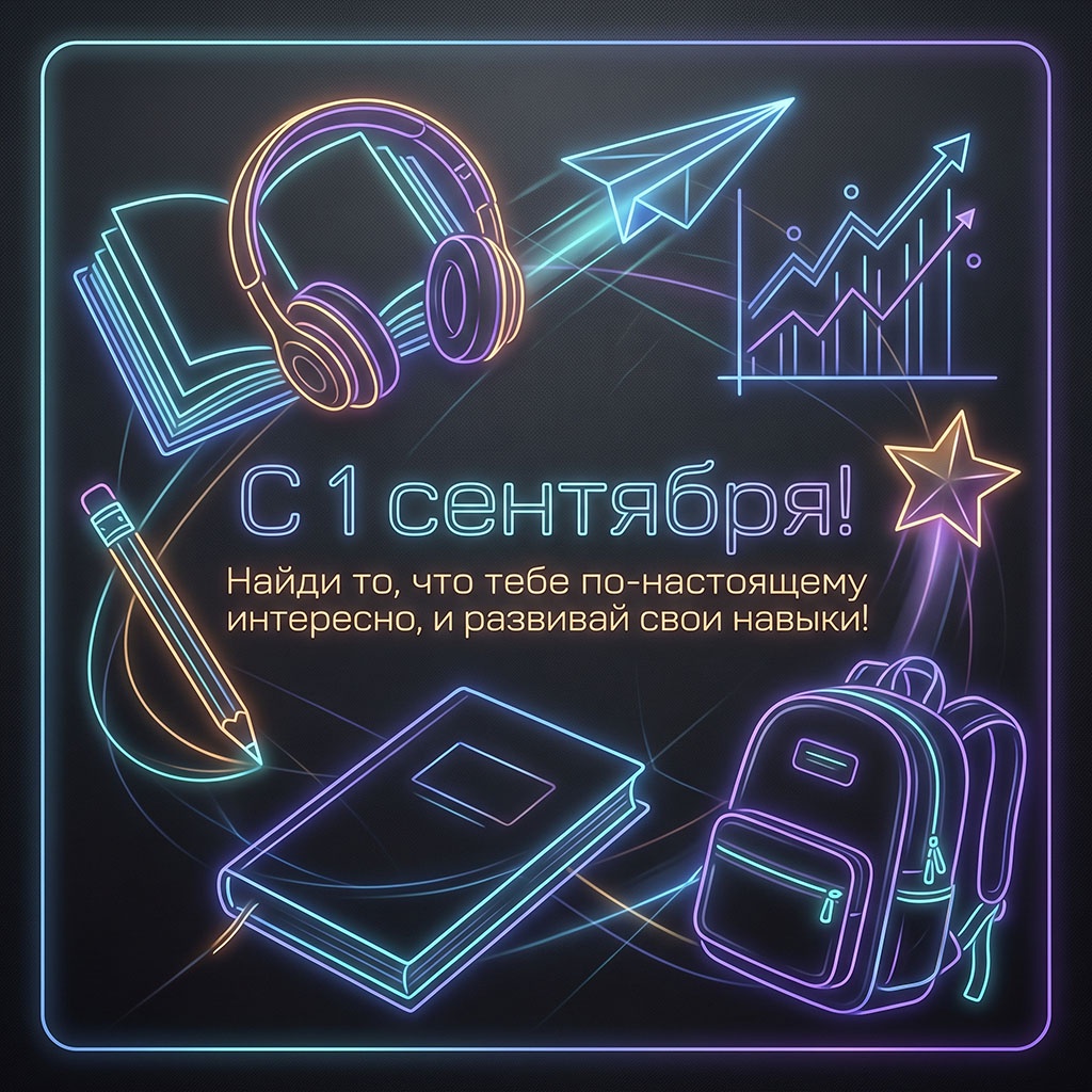 Открытка для школьника с неоновым свечением, наушниками, рюкзаком и текстом: "С 1 сентября! Найди то, что тебе по-настоящему интересно, и развивай свои навыки!"