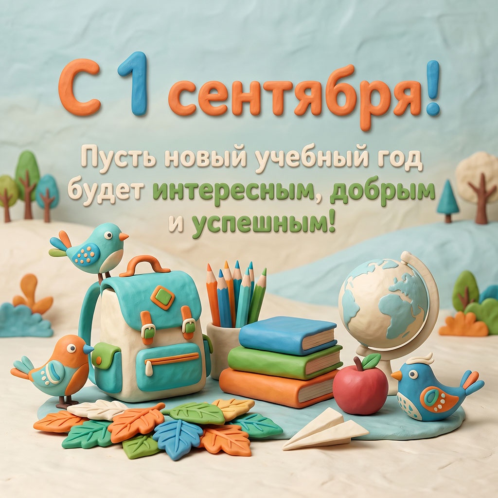 Открытка с лепными фигурками школьных принадлежностей из пластилина и текстом: "С 1 сентября! Пусть новый учебный год будет интересным, добрым и успешным!"
