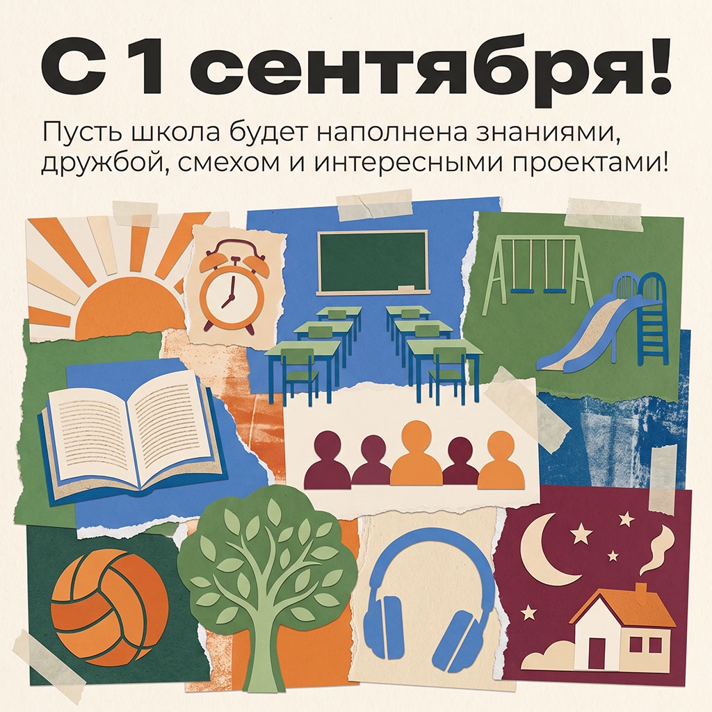 Открытка-коллаж из бумаги с текстом: "С 1 сентября! Пусть школа будет наполнена знаниями, дружбой, смехом и интересными проектами!"