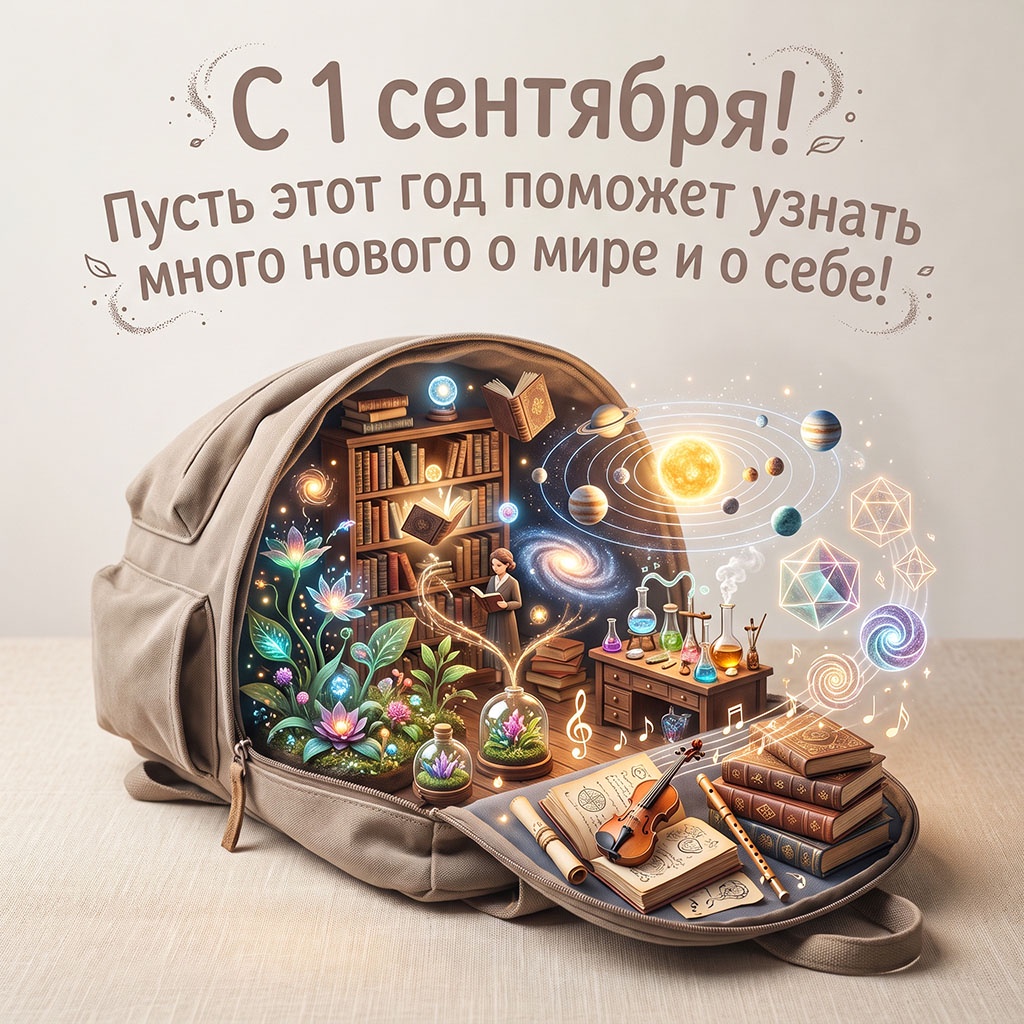 Открытый рюкзак с волшебной библиотекой, солнечной системой, лабораторией, музыкальными инструментами и текстом: "С 1 сентября! Пусть этот год поможет узнать много нового о мире и о себе!"