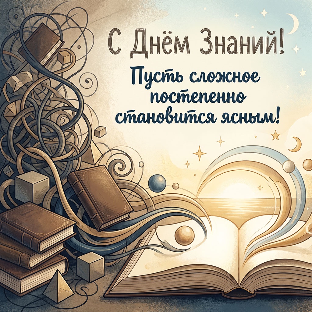 Открытка "С Днем Знаний!" в стиле абстракционизма с книгами на фоне моря и текстом: "С Днем Знаний! Пусть сложное постепенно становится ясным!"